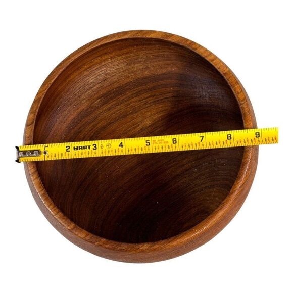 Vintage Teak Salad Wooden Bowl  9” Rustic Chic Centerpiece Carved Wood Fruit - Picture 5 of 6